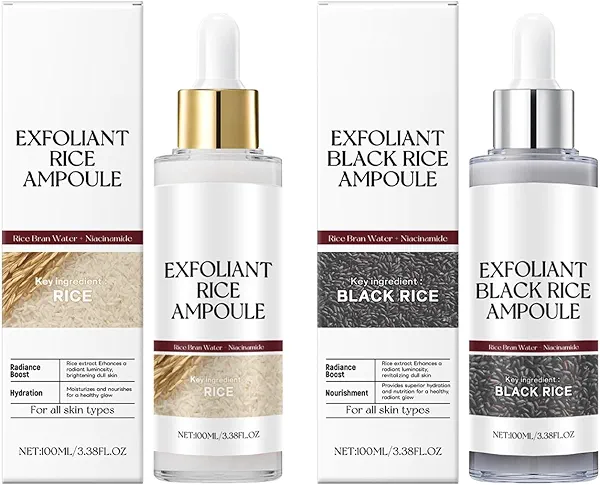 2 Pcs Black and White Rice Exfoliant Ampoule, Rice Ampoule Duo Exfoliating Solution,Soft Exfoliating Face and Body Scrub Dead Skin Cells Remover for All Skin Types. (Black and White)