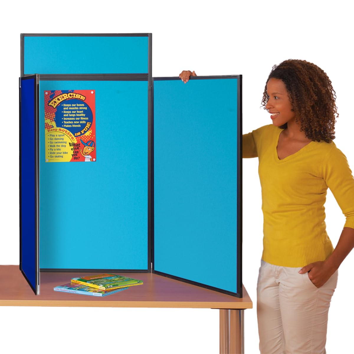 Exhibition Display Panel Kit with a Clip on Header | Double-Sided Cyan/Royal Blue with Black PVC Frame | (Portrait) - Ideal for Table or Desk top displays | Great for Healthcare & Education