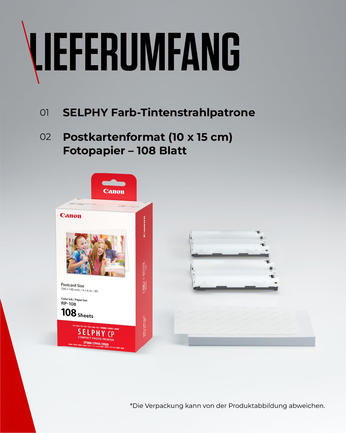 Canon SELPHY RP-108 Tinten- und Papier-Multipack – Original Canon Fotodrucker Tintenpatronen 2er-Pack & 108 Blatt Fotopapier (100 x 148mm)