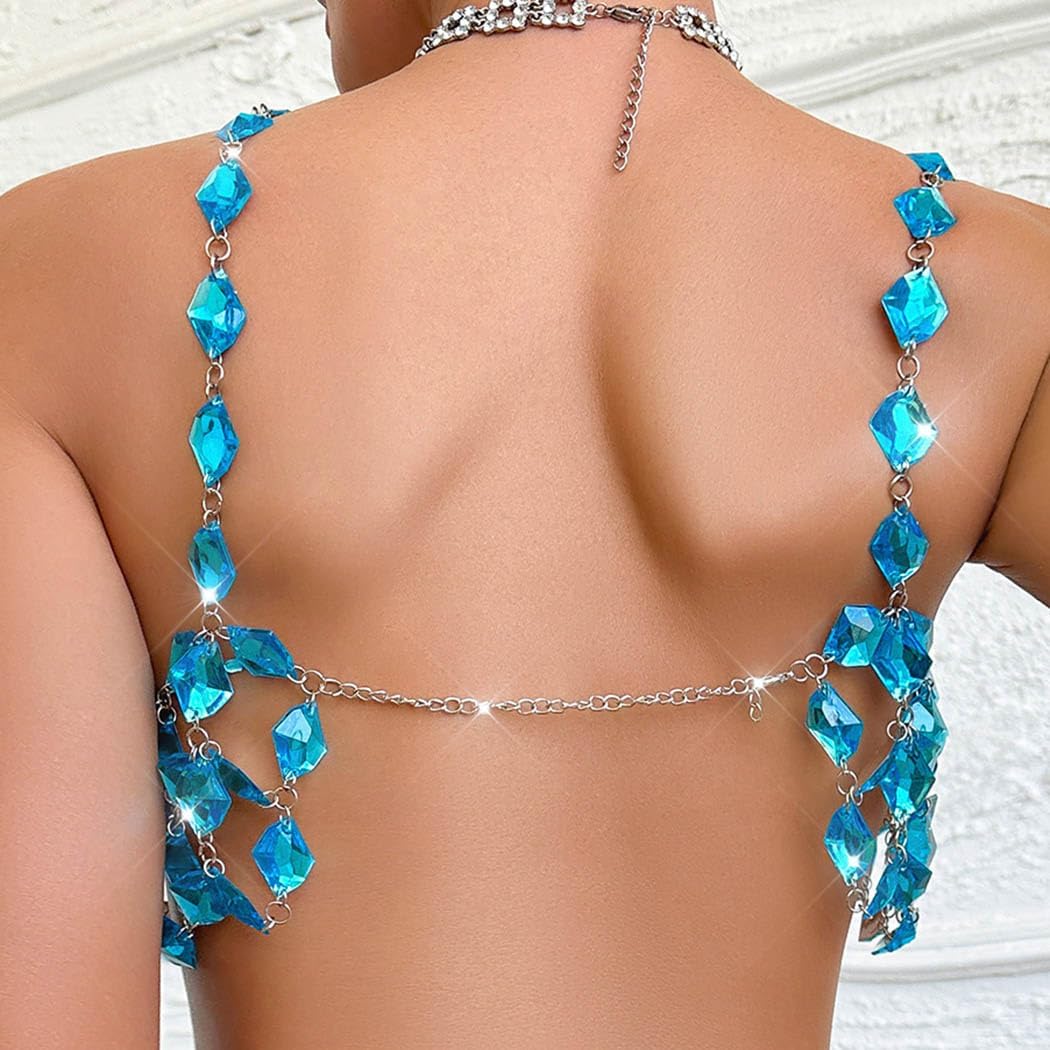 BODIY Crystal Body Chain Top Rhinestone Chain Bra Silver Halter Chain Top Sparkly Body Jewelry for Women