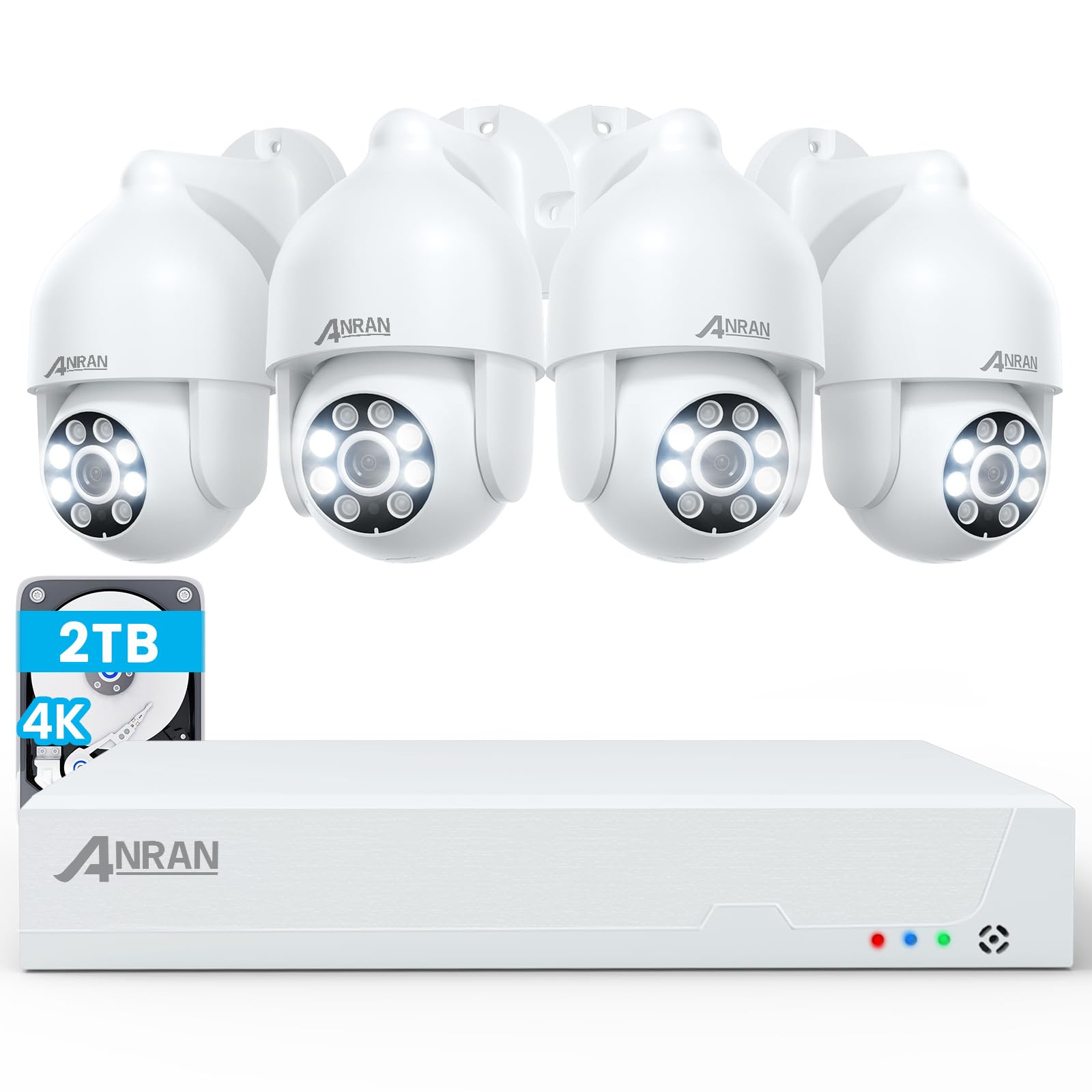 ANRAN 4K Kit Cámara Seguridad PoE, 4x8MP IP Cámara de Vigilancia Exterior/Interior, 8CH NVR con 2TB HDD, 360° Cámara con Movimiento Detector, 24/7 Grabación Continua, IP67 Impermeable, Audio de 2 Vías