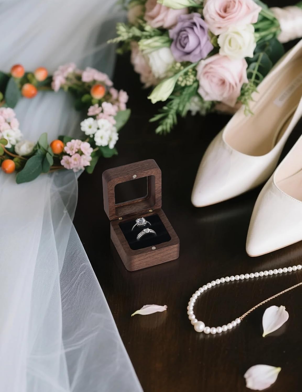 Wooden Ring Box for Wedding Ceremony 2 Slots,Small Square Solid Wood Double Ring Holder Case Box,Vintage Ring Bearer Box for Engagement Proposal,Rustic Jewelry Gift Storage Box