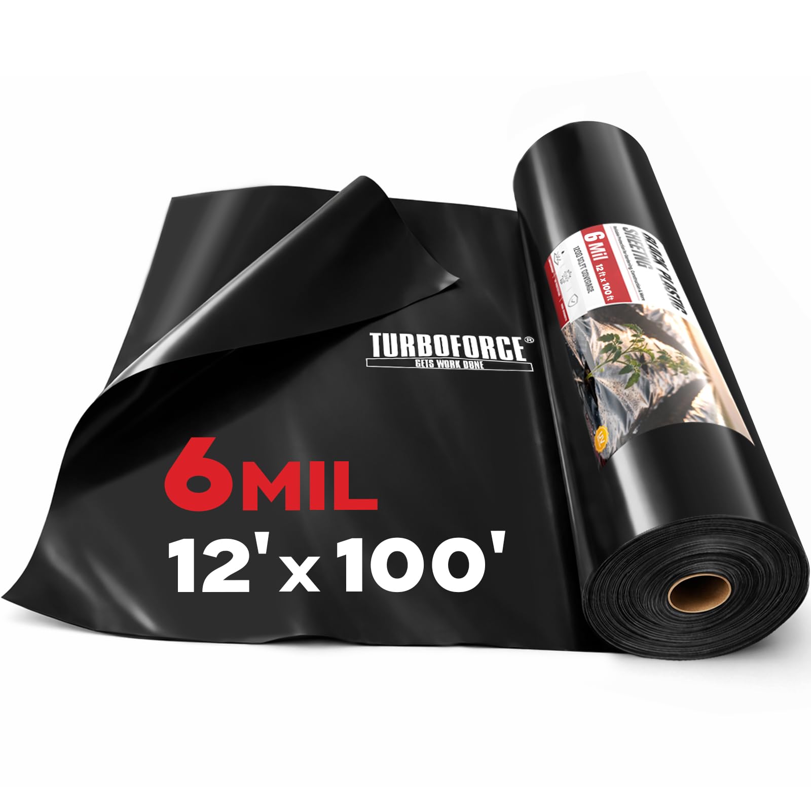 6 Mil Black Plastic Sheeting (12' x 100') - Heavy Duty, Waterproof, UV Resistant Polyethylene Sheeting Roll for Greenhouse, Vapor Barrier, Construction, Garden &amp; Ground Cover, Black