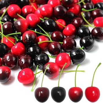 100 Pcs Artificial Cherry Fruits, 4 Colors Fake Cherries, Fruit Decor, Used for Home Decor, Table Centerpiece, Wedding Props, Photography Backdrops, Window Display Red, Dark Red, Red-Black, Black