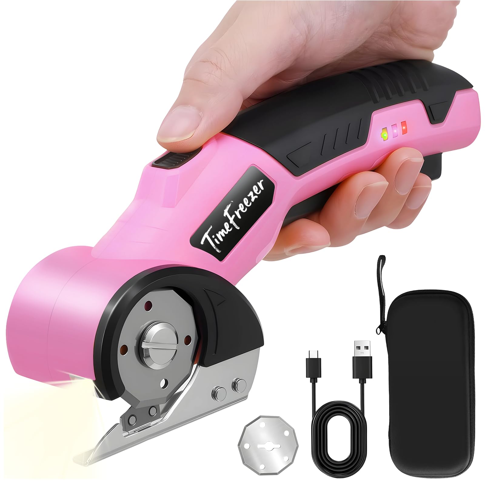 Cortador de cartón eléctrico, ancho 3,3 cm, longitud 23 cm, tijeras de cartón recargables adecuadas para parper, caja, cuero, tela, alfombra, ampolla de plástico, bloqueo de seguridad y luz LED (rosa)