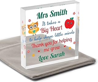 Teacher Assistant Thank You Gifts - PERSONALISED Thank You Gifts for School Teacher, Nursery, Head Teacher - Gifts for Teaching Assistant - Teacher Thank You Keepsake Block Present - With Grey Bag