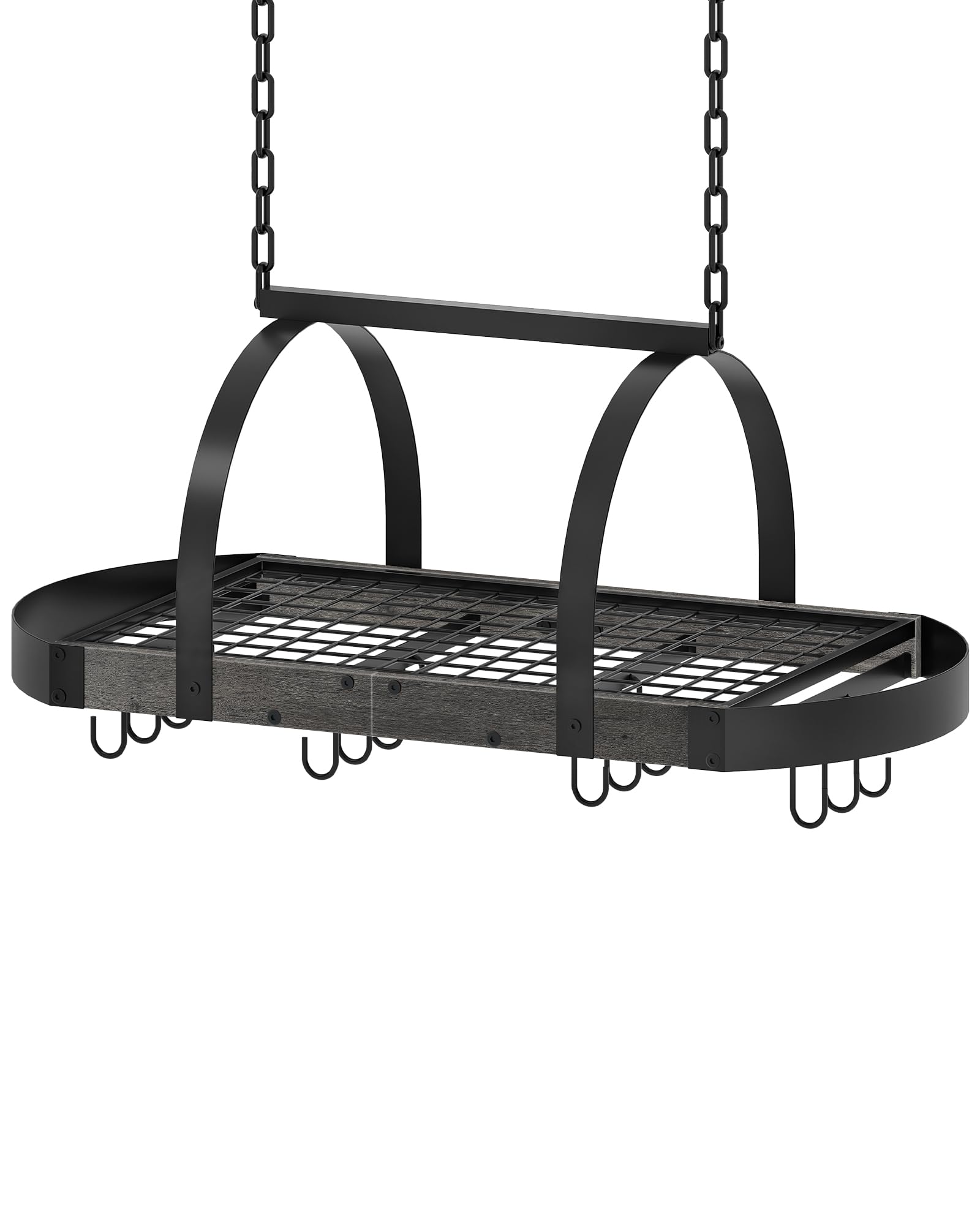 hanging pot rack, pot hanger for kitchen, ceiling mounted pot holder, cookware organizer with 12 s-shaped hooks, for pot, pan storage, space-saving, charcoal black and black tpr08bcc1