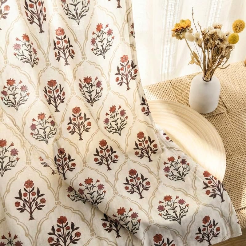 Image of Peepul Tree Pure Cotton Door Curtain in Rust and Maroon Color with Ornate Florals | Set of 1 | 7 ft | Semi Blackout with 70% Light Blocking | Royal Courtyards Collection