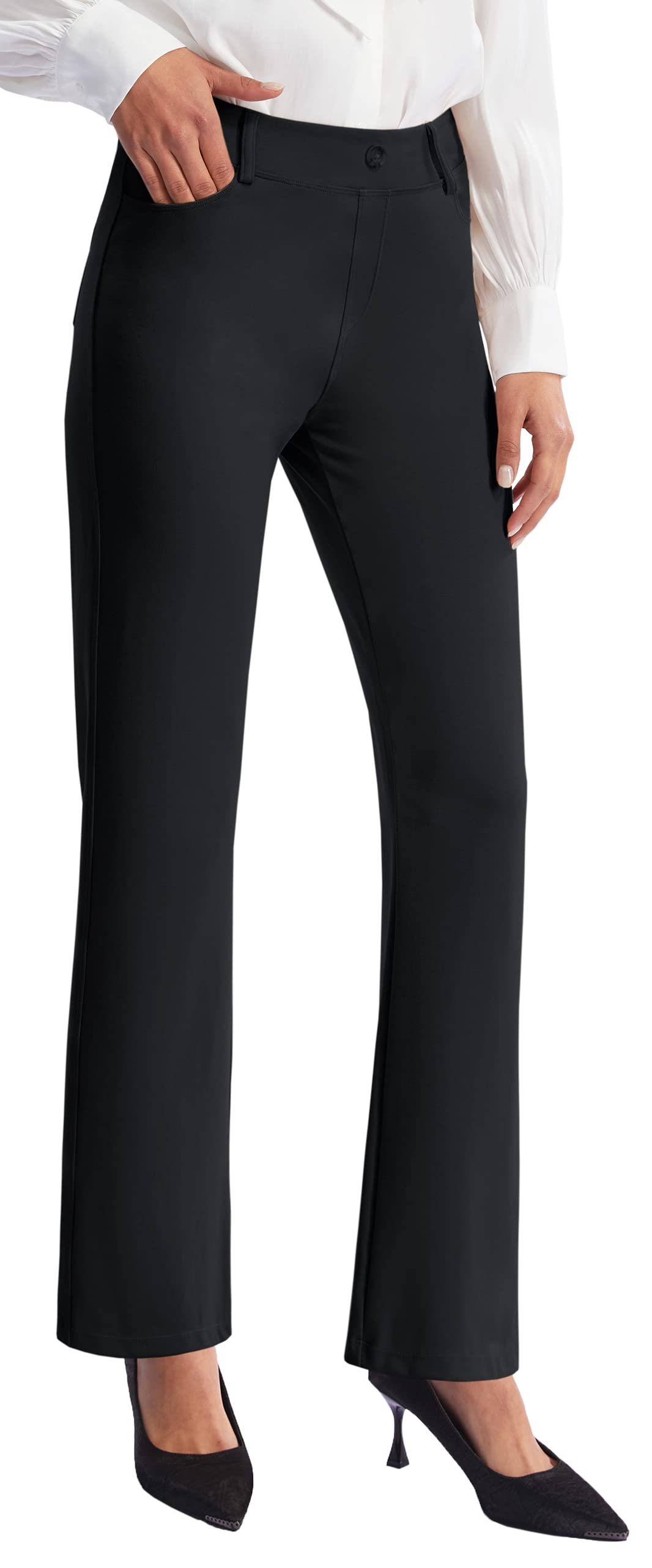 AFITNE Women's Yoga Dress Pants Strechy Straight Leg Work Pants Business Office Casual Slacks with Pockets, Black, M