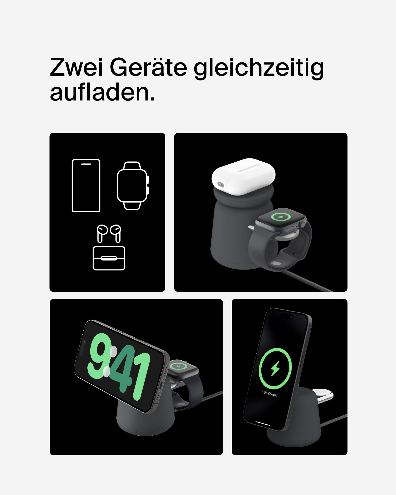 Belkin BoostCharge Pro Kabellose 2-in-1-Ladestation Qi2 15W MagSafe-Kompatibel Ladegerät für iPhone Apple Watch AirPods Schwarz