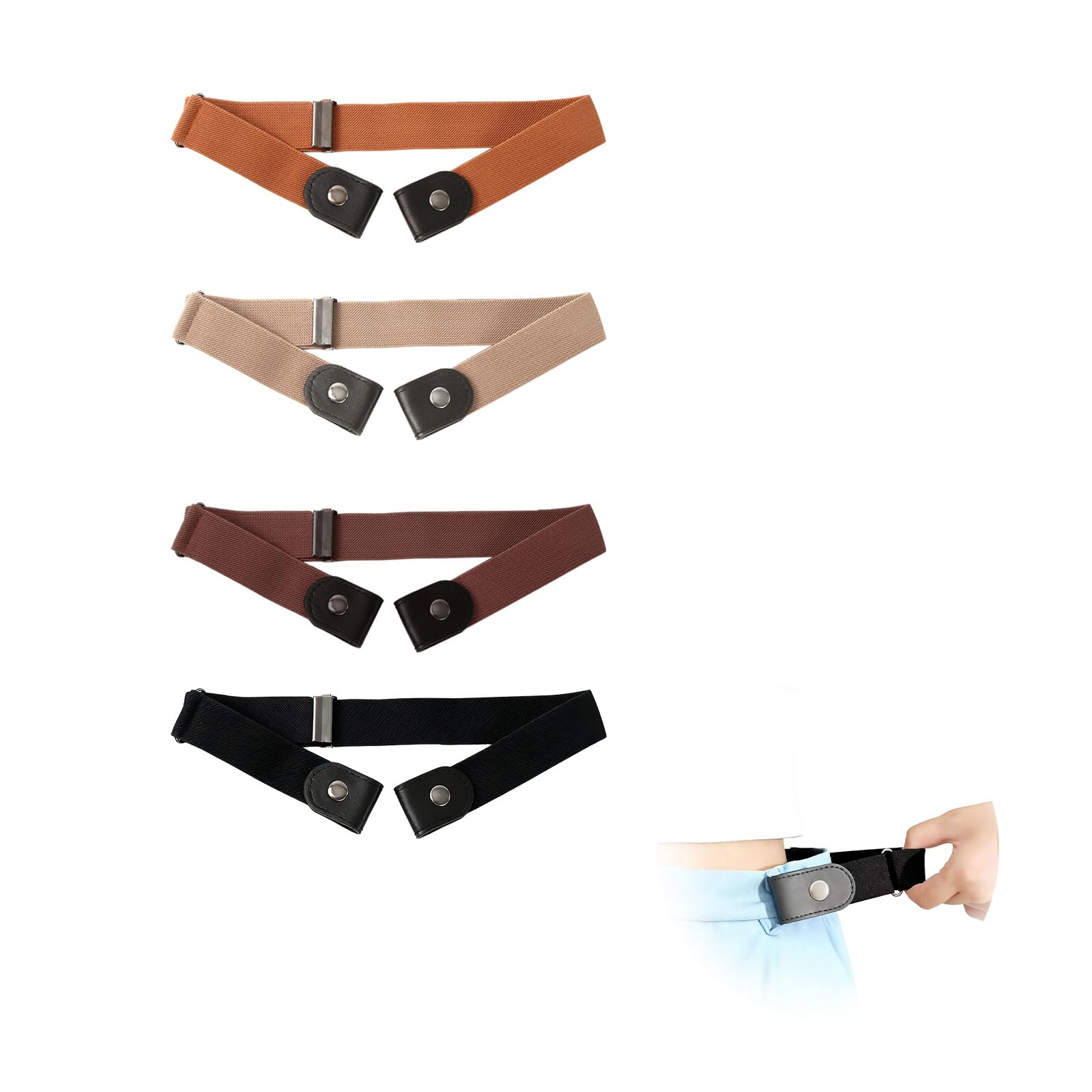 Pack de 4 cinturones elásticos sin hebilla para adultos y niños, Cinturones ajustables invisibles para niños y niñas, negro, marrón, beige y camello. Adaptados para edades de 3 a 15 años