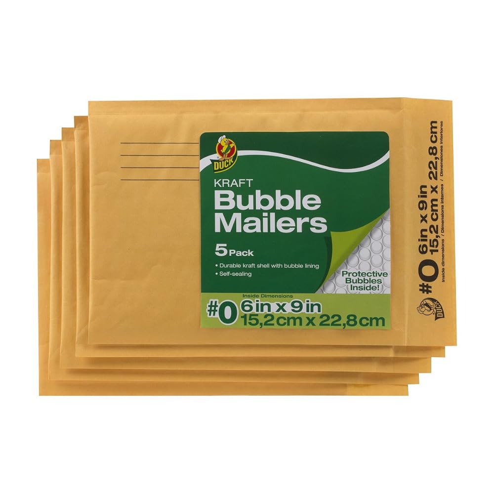 Duck Brand Kraft Bubble Mailers, #0-6 x 9 Inches, 5-Pack (284691), Tan