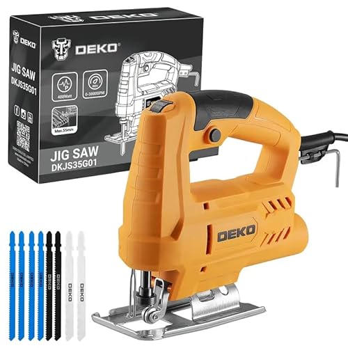 コード式ジグソー：DEKOPRO電動ジグソー工具 木工用パワージグソー、木工用ハンドツール6段階変速、4段階オービタル設定、±45°ベベルカット、工具不要ブレードクイックリリース