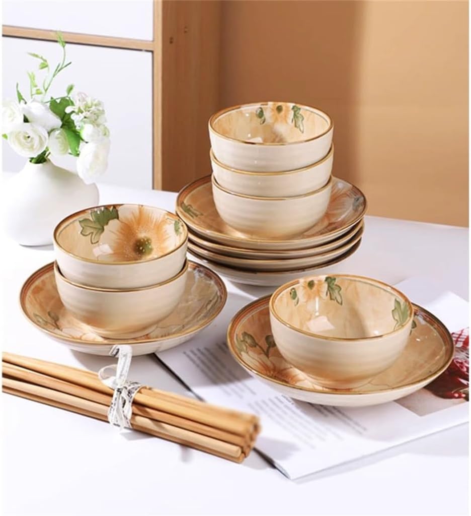 Camellia Bowl Dish Set Household Ceramic Glaze Color Retro Wind Chopsticks Combination