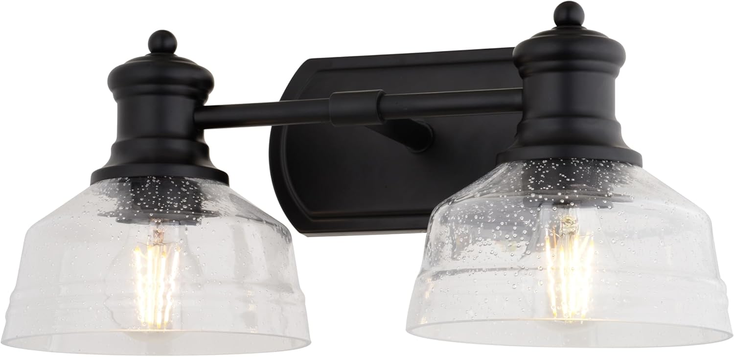 VAXCEL Beloit 2-Light 17 inch Wide Matte Black Farmhouse Bathroom Vanity Lighting Fixture, Clear Seeded Glass Shade, Dimmable, LED Compatible, Over The Mirror Mounted Metal Wall Sconce
