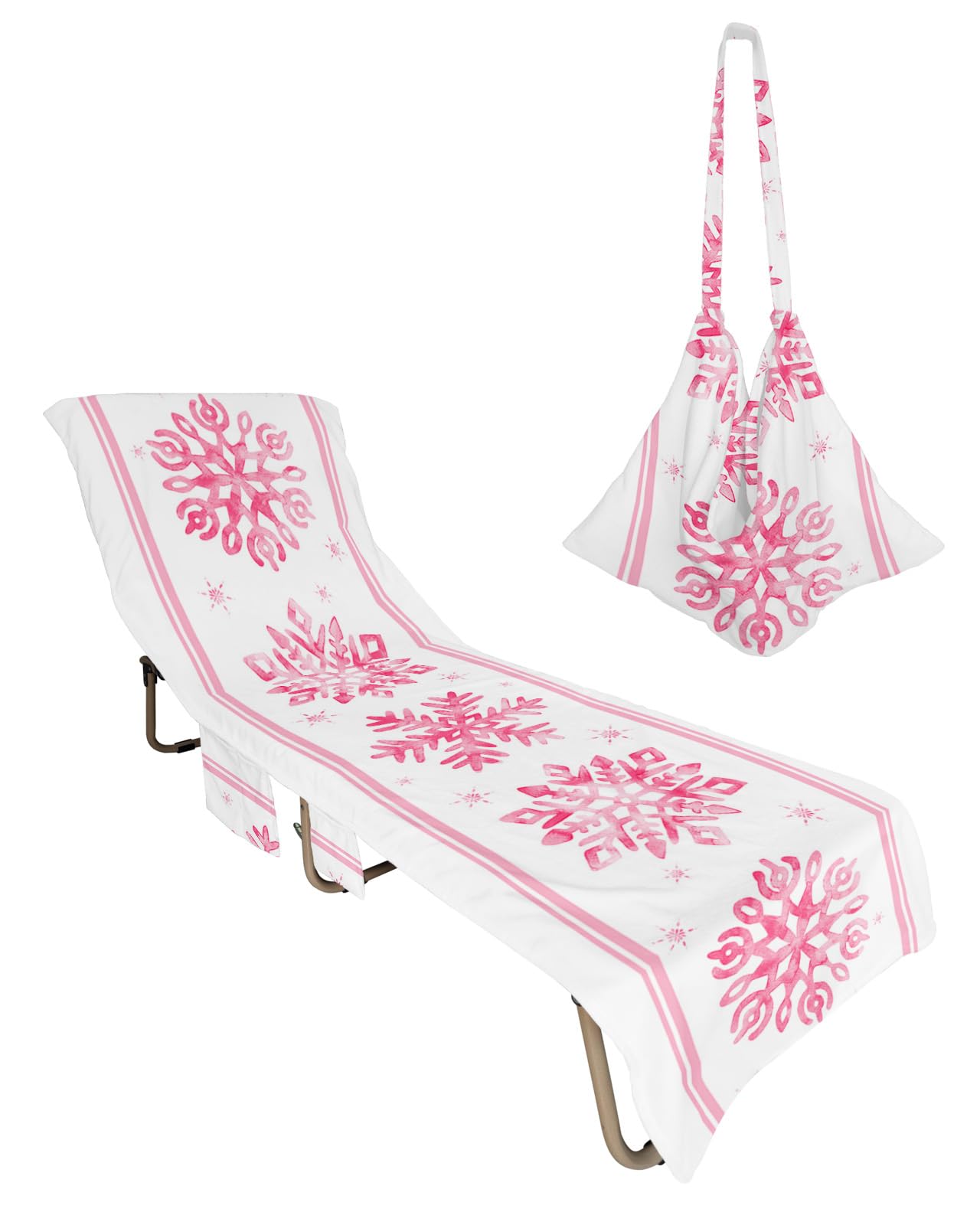 Pink Snowflake Christmas Beach Lounge Chair Towel Cover, Soft Chaise Lounge Towel with Side Pockets Patio Pool Chairs Cover for Beach/Pool Sunbathing 29x85 Xmas Winter Snowflake Pink Striped