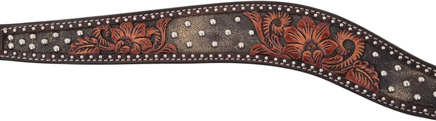 CIRCLE Y Dark Flash Arizona Flower Durable Distressed Leather Western Horse Size Contour Tapered Breast Collar with Silver Spot Accents
