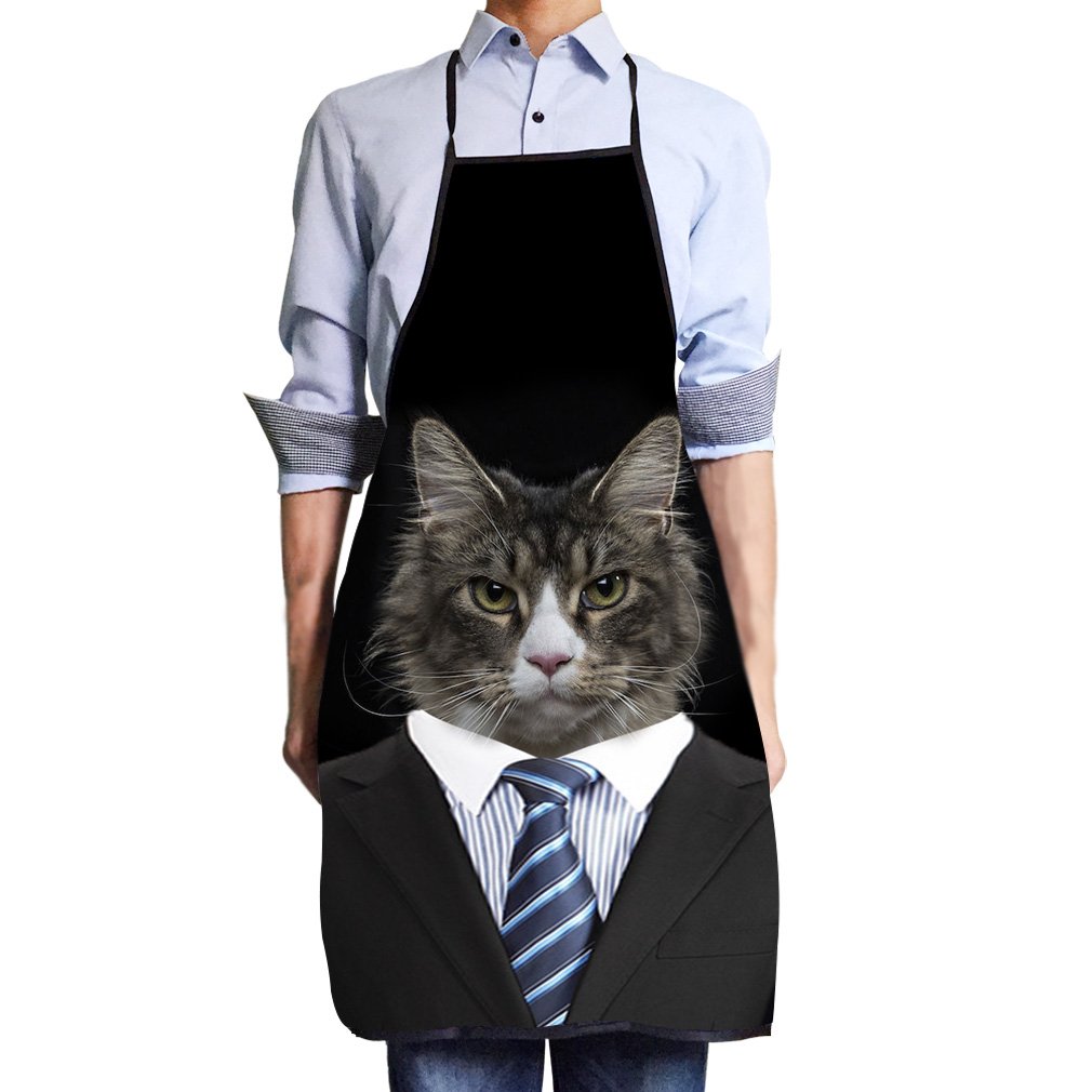 Tablier Rigolo de Cuisine et Barbecue - Drôle pour Femmes, Hommes, Adultes, Couple Marié - Motif Chat - Lavable - Noir