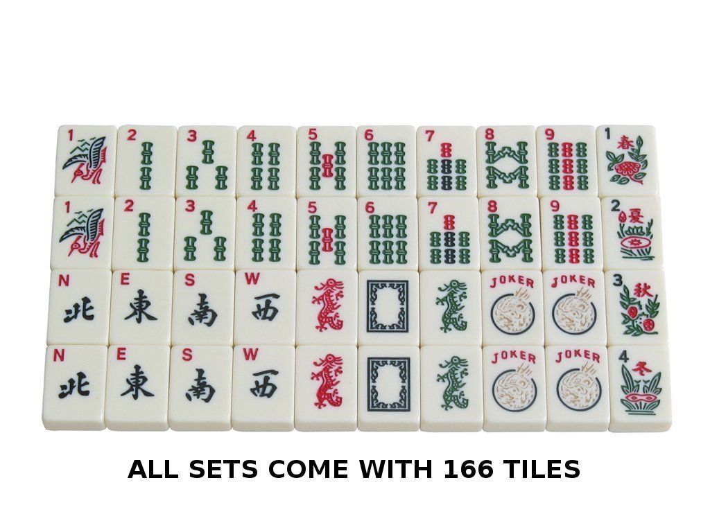 Zestaw American Mah Jongg od White Swan - 166 grawerowanych płytek w kolorze kości słoniowej - 4 x stojak typu wszystko w jednym/popychacze - aluminiowa obudowa - czerwony