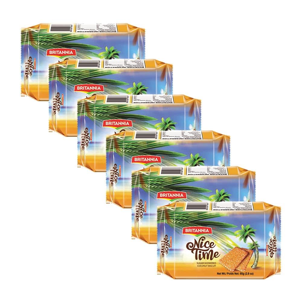 Britannia Nice Time 2.8oz (80g) - Delicious Coconut Biscuit Crunchy - Kids Favorite Breakfast & Tea Time Snacks (Pack of 6)