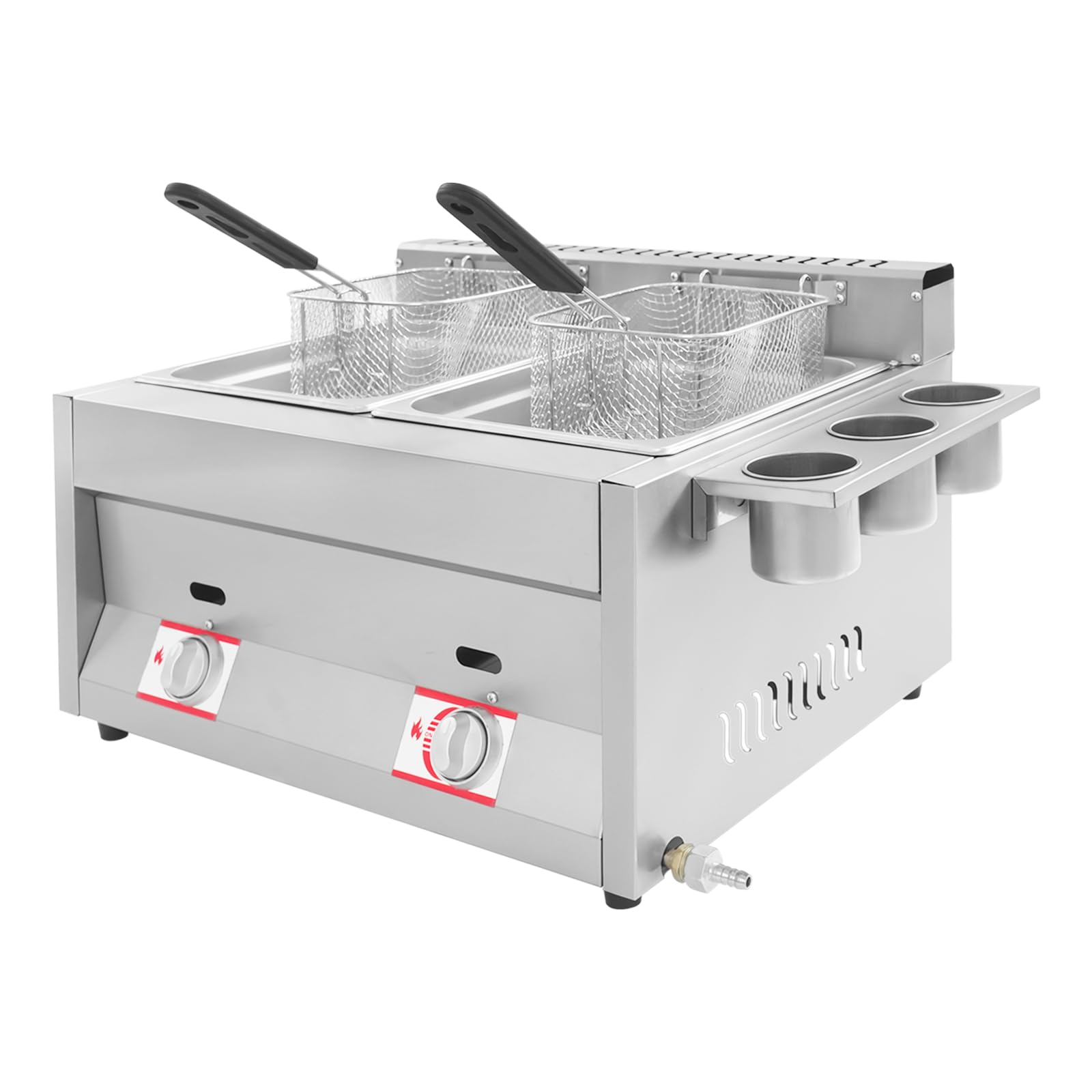 Friteuse à gaz commerciale, double réservoir 10 l + 10 l, en acier inoxydable, avec 2 paniers à friture et couvercle, température réglable, pour restaurants, bars à emporter, cuisine à domicile