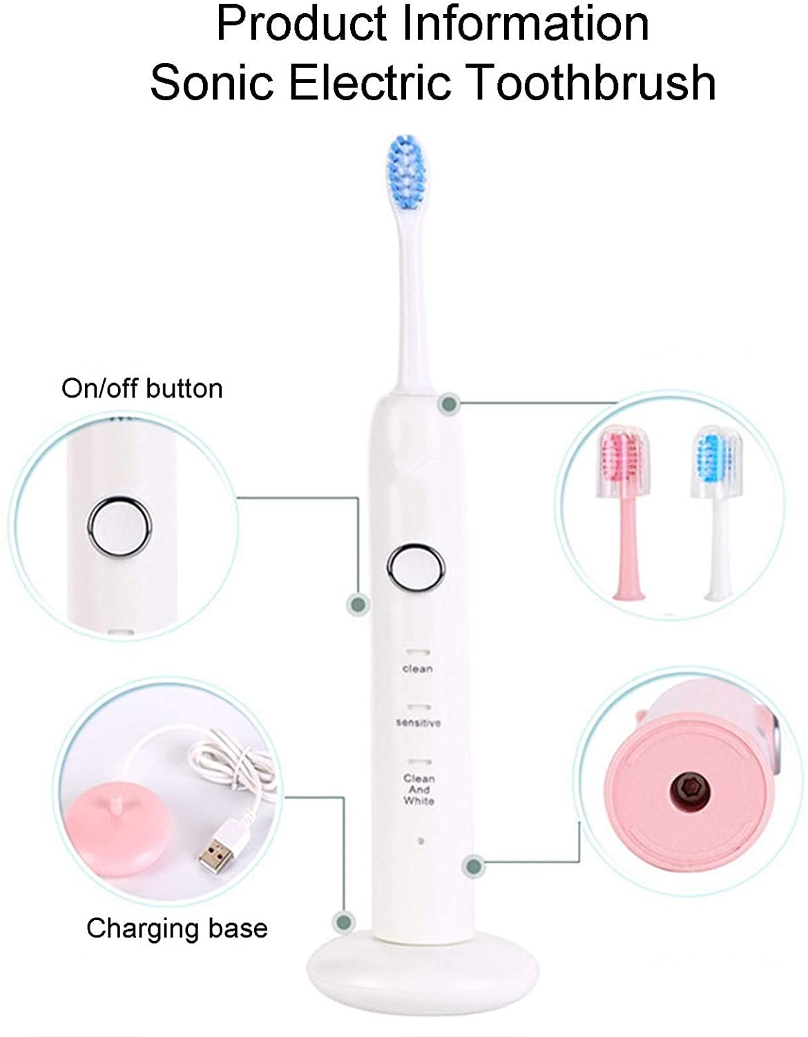 Spazzolino elettrico con spazzola morbida 4 modalità e timer smart 2 minuti spazzolini elettrici adulti impermeabili IPX7 2 Teste di spazzole sostitutive for le vacanze di viaggio for la cura ora