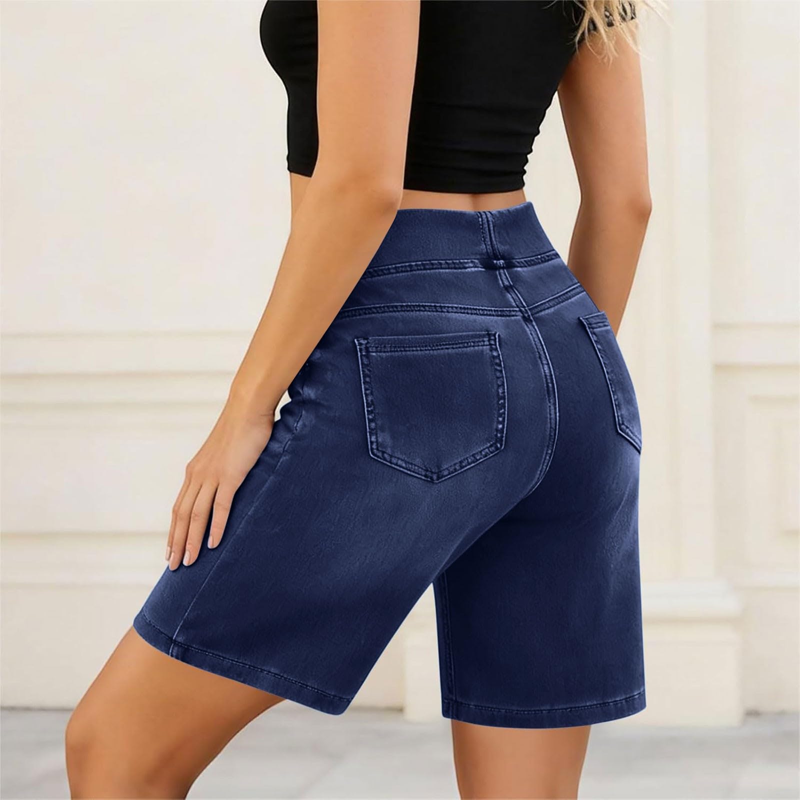 Jeans da donna in denim, pantaloni corti in cotone elasticizzato, a tinta unita, estivi, comodi, per il tempo libero, a gamba dritta, con tasche, pantaloni sportivi