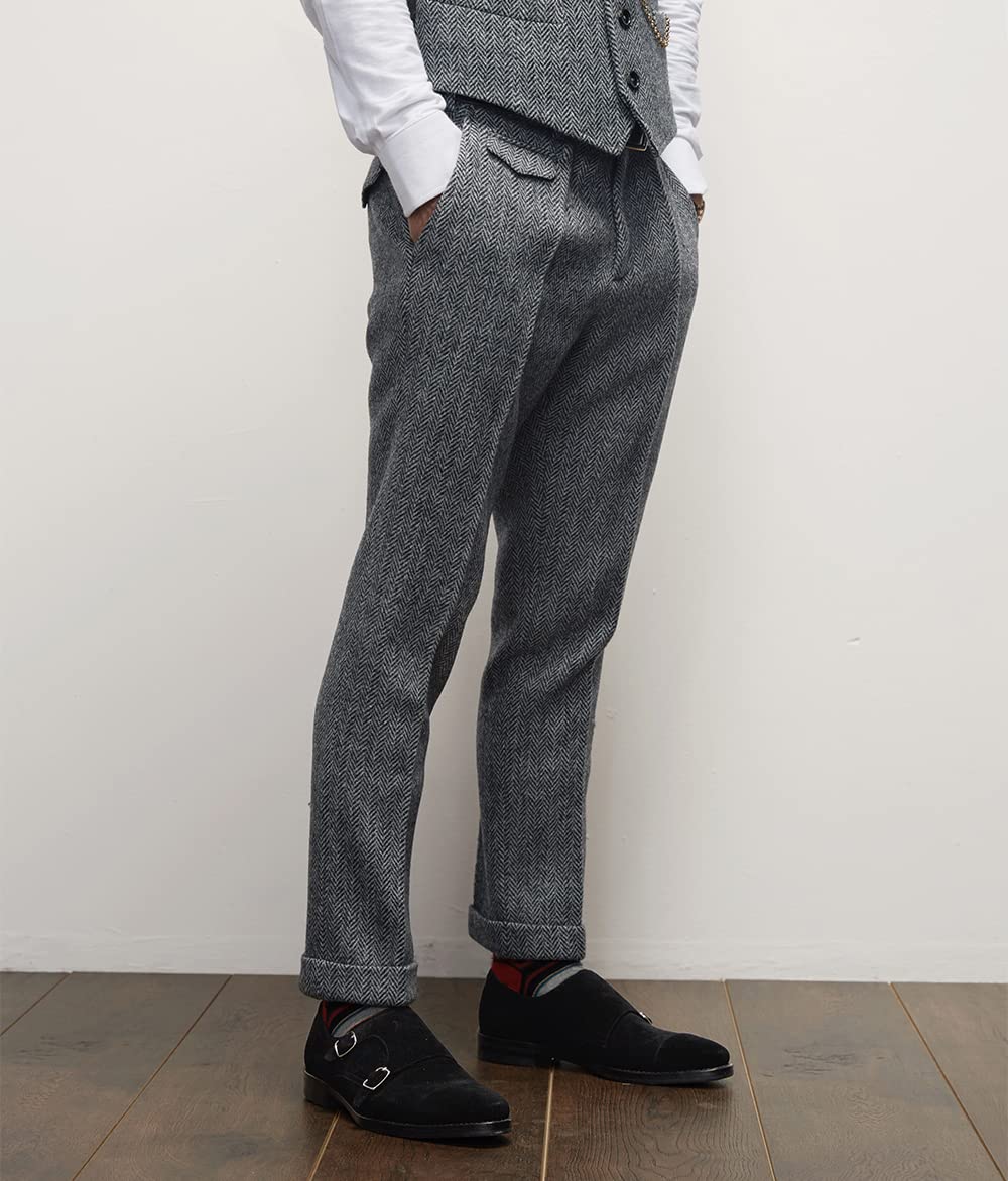 Pantalones de traje de vestir retro para hombre, pantalones de lana de tweed con frente plano en espiga