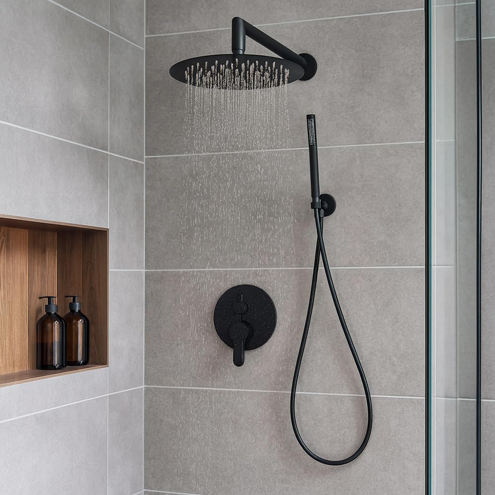 Vetrineinrete Set doccia da incasso tonda miscelatore 2 vie soffione 25x25 cm con doccetta staffa flessibile 180 cm (Nero)