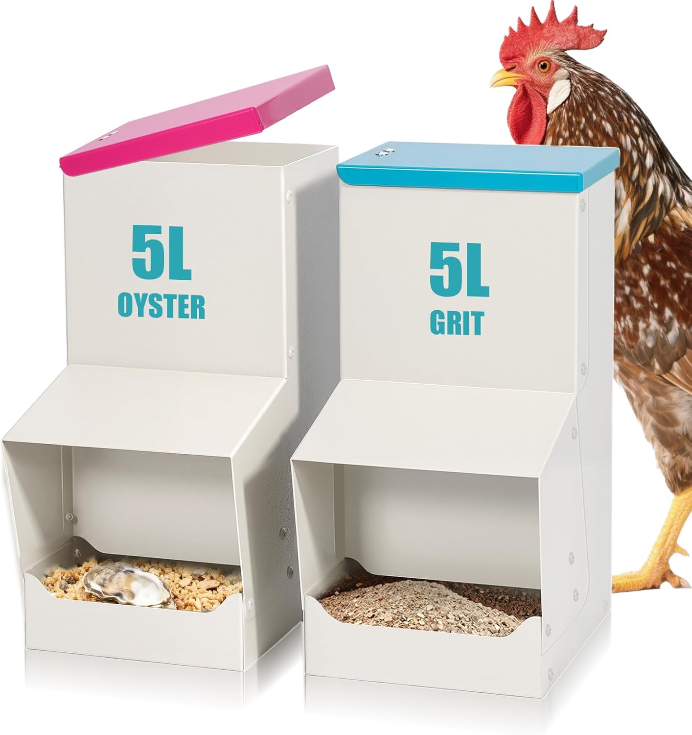 10L Metal Automatic Chicken Feeder Hanging Gravity Poultry Feeders Trough with Lid Chicken Grit and Oyster Shell Feeder Combo Chicken Coop Accessories Supplies for Strong Eggs Poultry