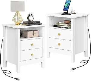 DWVO Set of 2 Nightstand with Charging Station, Night Stands with 2 Drawers, Wooden Modern Bedside Table for Bedroom, White