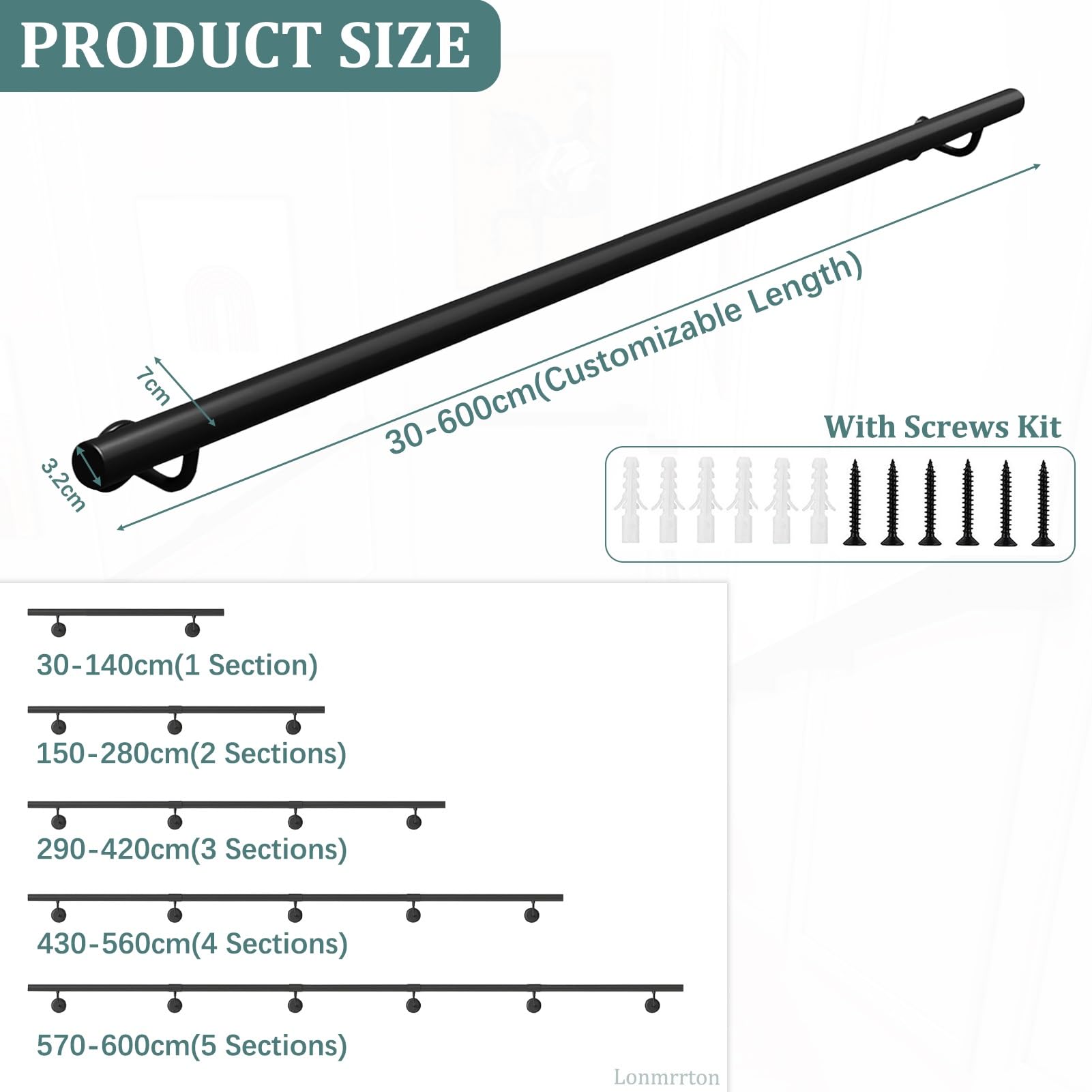 30–600 cm schwarzer Metall-Treppengeländer-Handlauf, industrielles Eisenrohrgeländer mit Wandhalterungen und Metallschrauben, Haltegriff für ältere Menschen(240cm)
