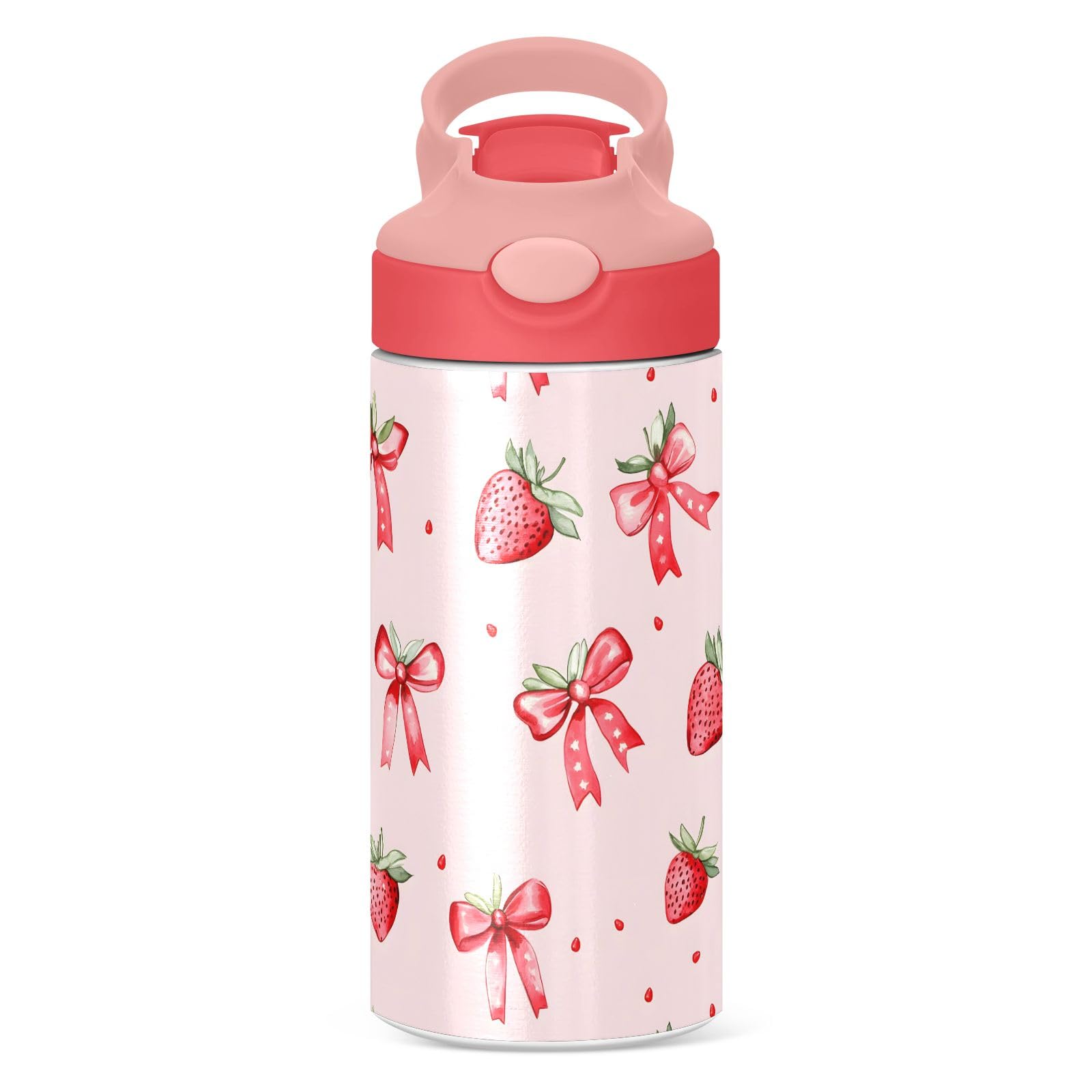 Strawberry Bows Cute Children Insulated Water Bottles with Straw for School Kids Stainless Steel Vacuum Double Wall Keeps Hot and Cold with Handles
