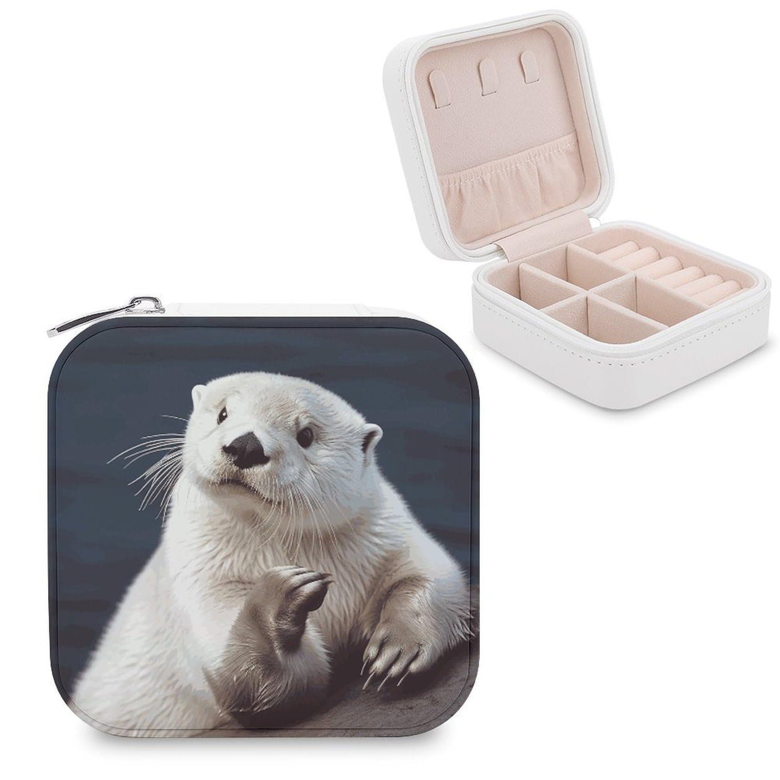 JTREHY White Otter Jewelry Box Personalized PU Jewelry Box Exquisite Jewelrys Organizer Case Small Portable Jewellery Storage Holder for Rings Earrings Necklaces Gifts