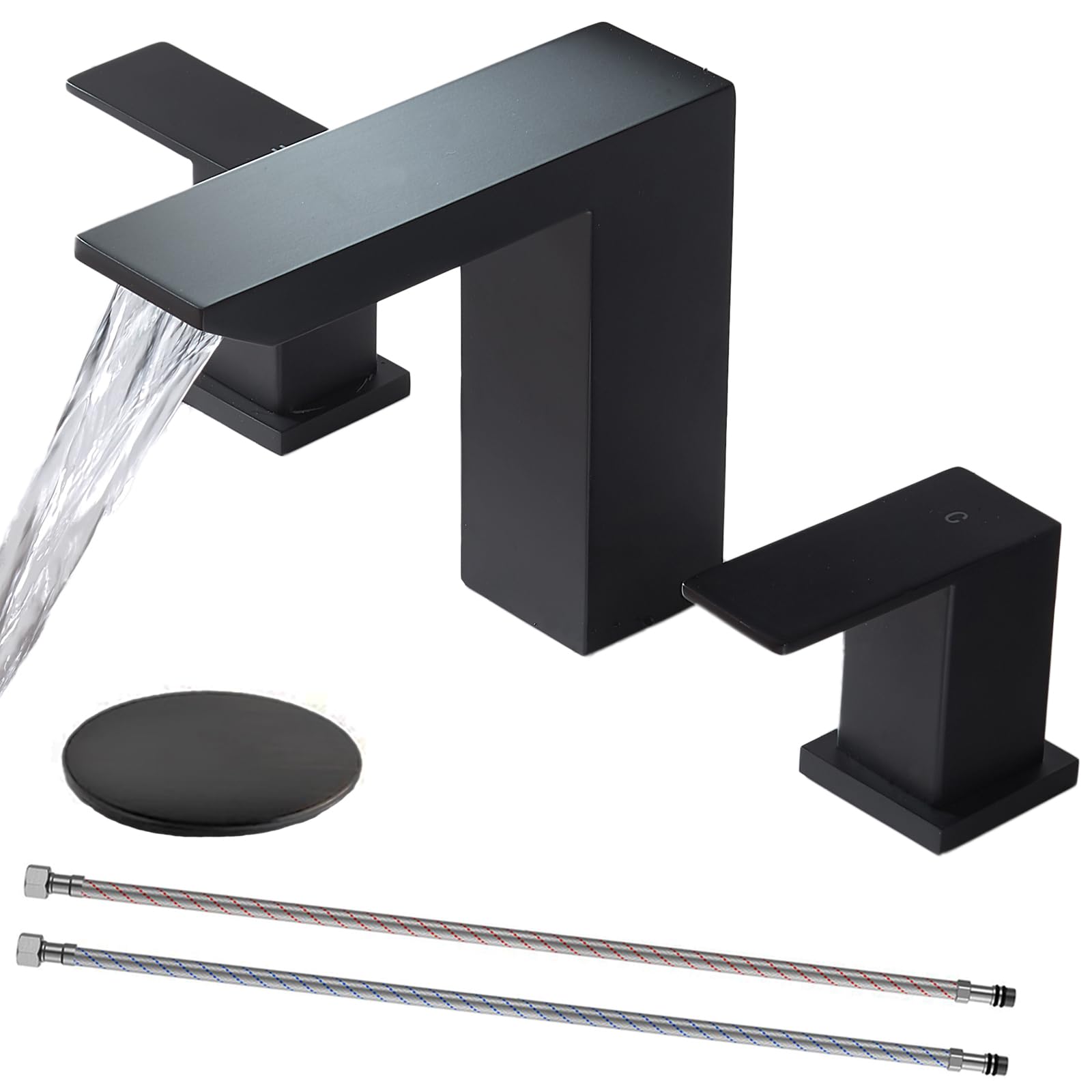 Black Bathroom Faucet, 8 Inch Widespread Matte Black Bathroom Sink Faucet, 3 Hole Waterfall Vanity Faucet with Pop-Up Drain and Hoses for Bathroom Sink Vanity Rv