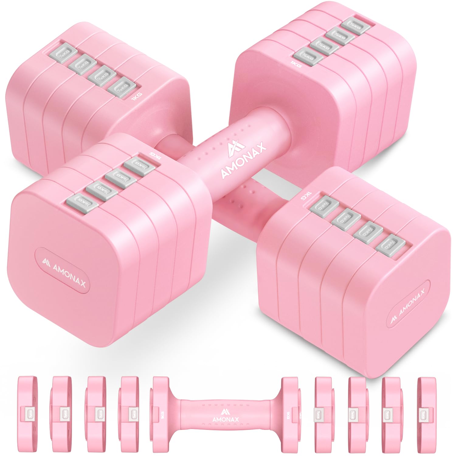 Amonax Adjustable Dumbbells Set, 1kg/2kg/3kg/4kg/5kg Dumbbell Pair, 4-in-1 and 5-in-1 Weights Dumbbells Set Women Men, Free Weights for Home Gym (Pink, 5kg x 2)
