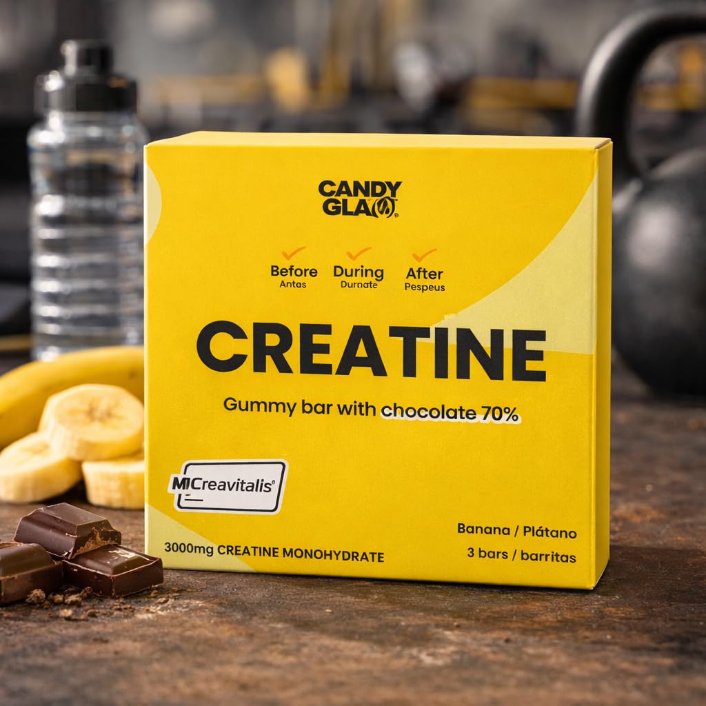 Candy Glam Kreatin-Gummy-Riegel 24er-Pack, Banane & 70% Zartbitterschokolade, 3000 mg Kreatinmonohydrat, funktioneller Sport-Snack für Training und Fitness Plus