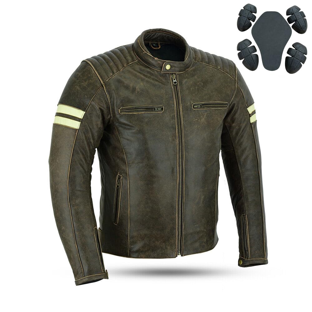 Bikers Gear Australia Men's Brown Bikers Gear Leather Motorcycle Jacket - Cafe Racer Motorbike Jackets For With Genuine Biker Ce Armour Genuine Leather Jacket For Weather Resistant (4Xl, )