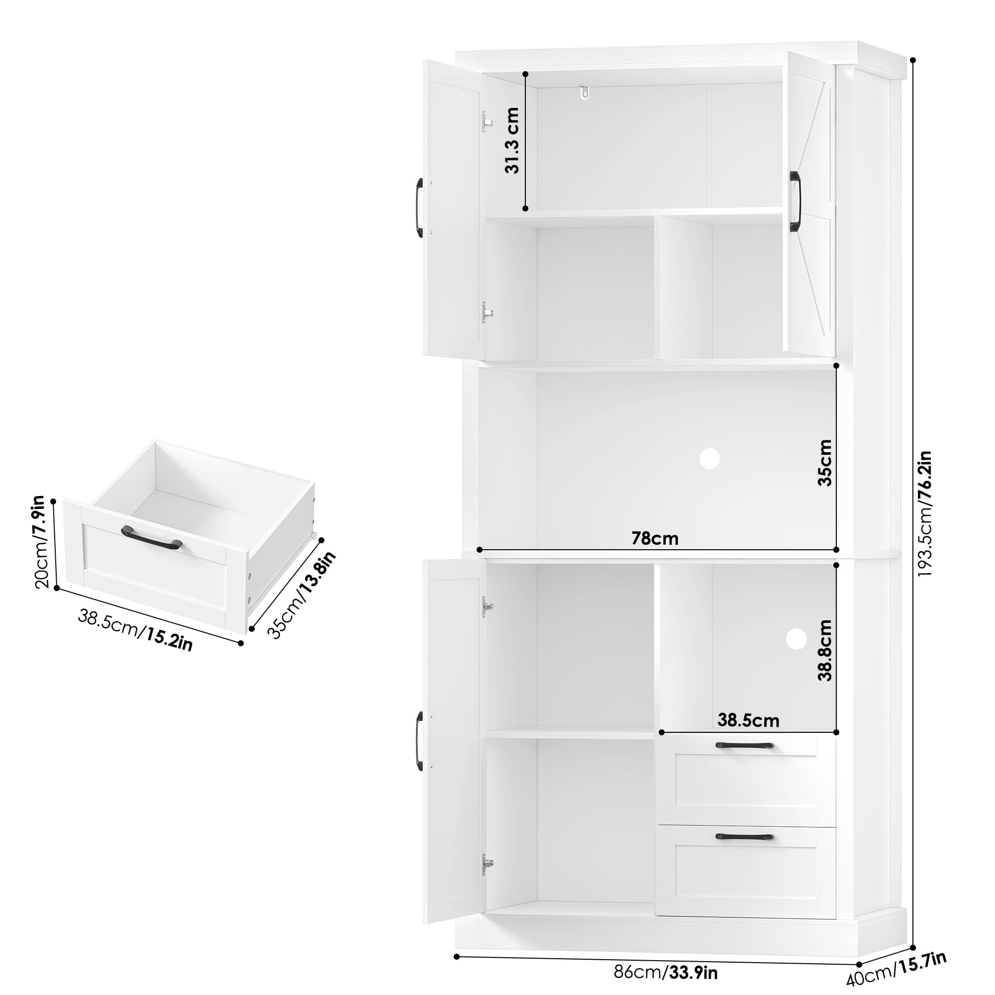 Elegante armadietto da cucina a buffet, 193 cm, versatile, con 7 scomparti, 3 ante e 2 cassetti, per cucina, sala da pranzo, camera da letto e soggiorno