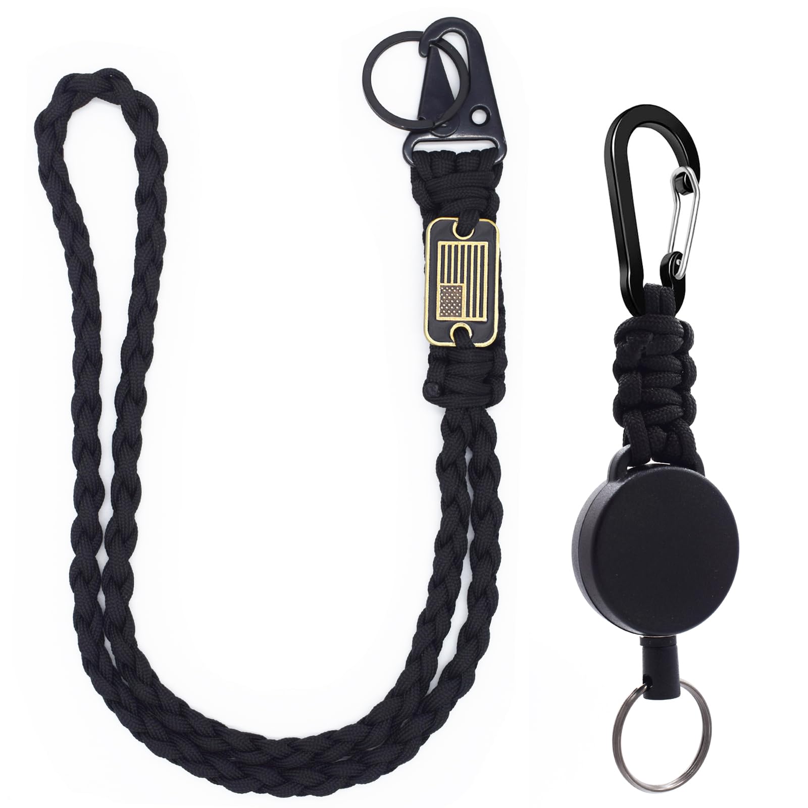 ZXKHYOR 2 Pcs Retractable Keychain, Heavy Duty Retractable Badge Holder Reel – Braided Paracord Lanyard with USA Flag, ID Badge Clip Reel & Parachute