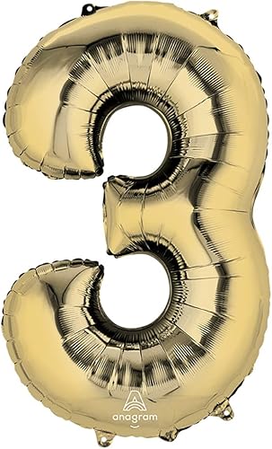 Anagram 44641 Globo de fiesta de Mylar con el número 3, 34 pulgadas, oro blanco, paquete de 1