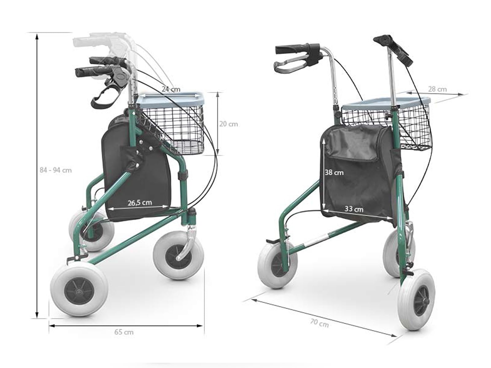 QUIRUMED Andador plegable de 3 ruedas, Con canasto y mochila, Frenos en las manetas, Regulable en altura, Color verde, Para mayores, Para minusválidos, Ligero