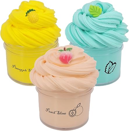 Sunool 3 Pack Butter Slime, Mint Green Leaf, Yellow Pineapple, Pink Peach Butter Slime Putty Stress Relief and Scented Sludge Toy for Boys and Girls