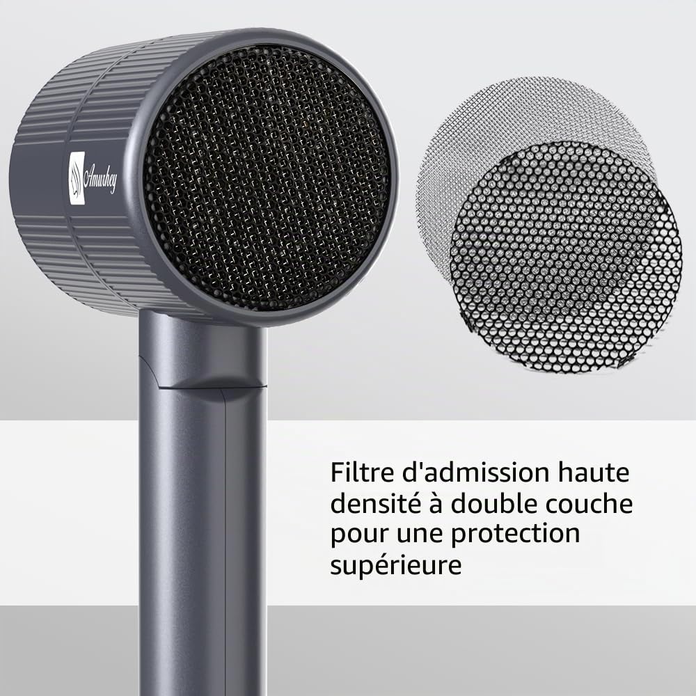 Sèche-cheveux ionique avec flux d'air de 24 m/s Amurhey – Léger & Pliable (env. 250 g)– Sèche-cheveux de voyage 2000 W avec Concentrateur & diffuseur – Hair Dryer Moteur sans balais 110 000 tr/min