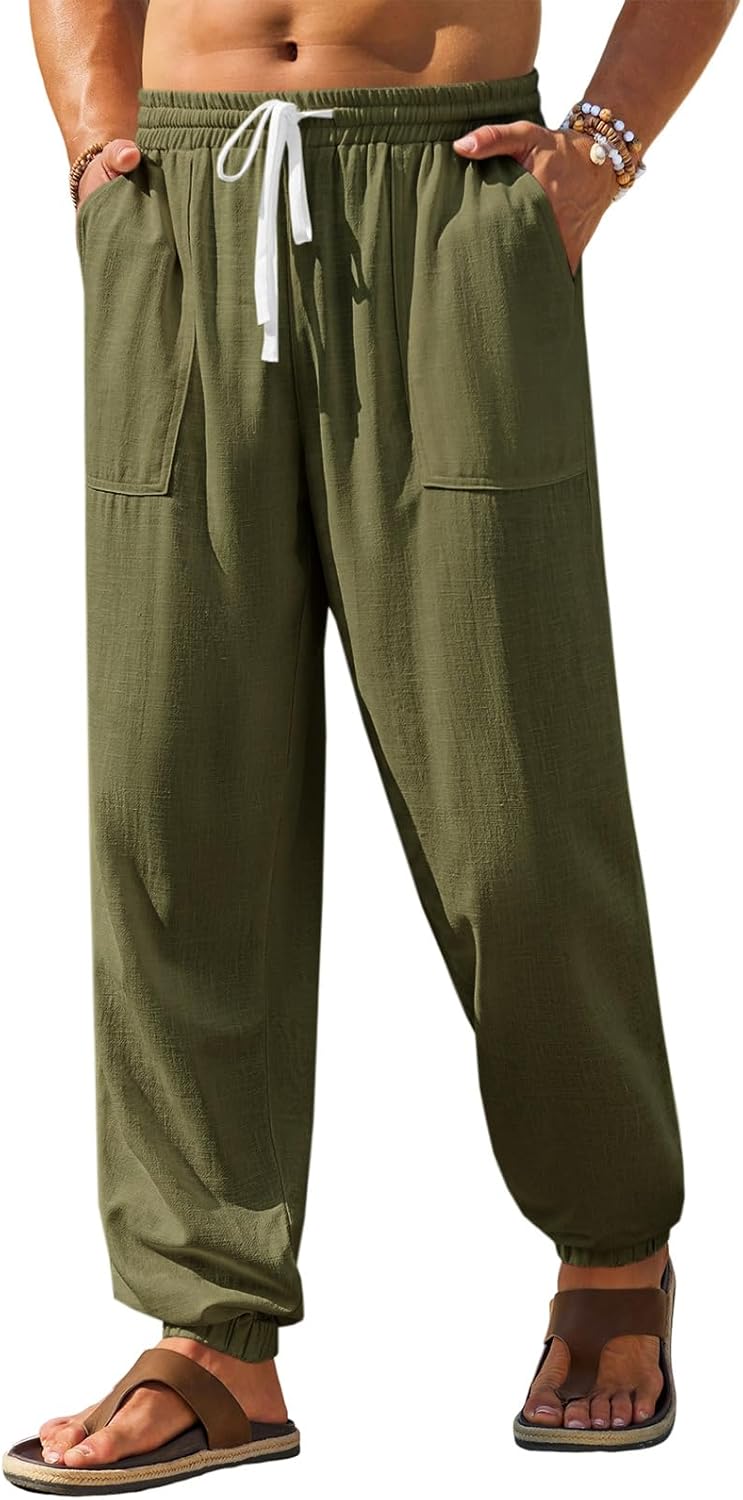 Runcati Mens Casual Pants Elastic Waist Drawstring Summer Cotton Jogger Pants Linen Yoga Beach Trousers with Pockets