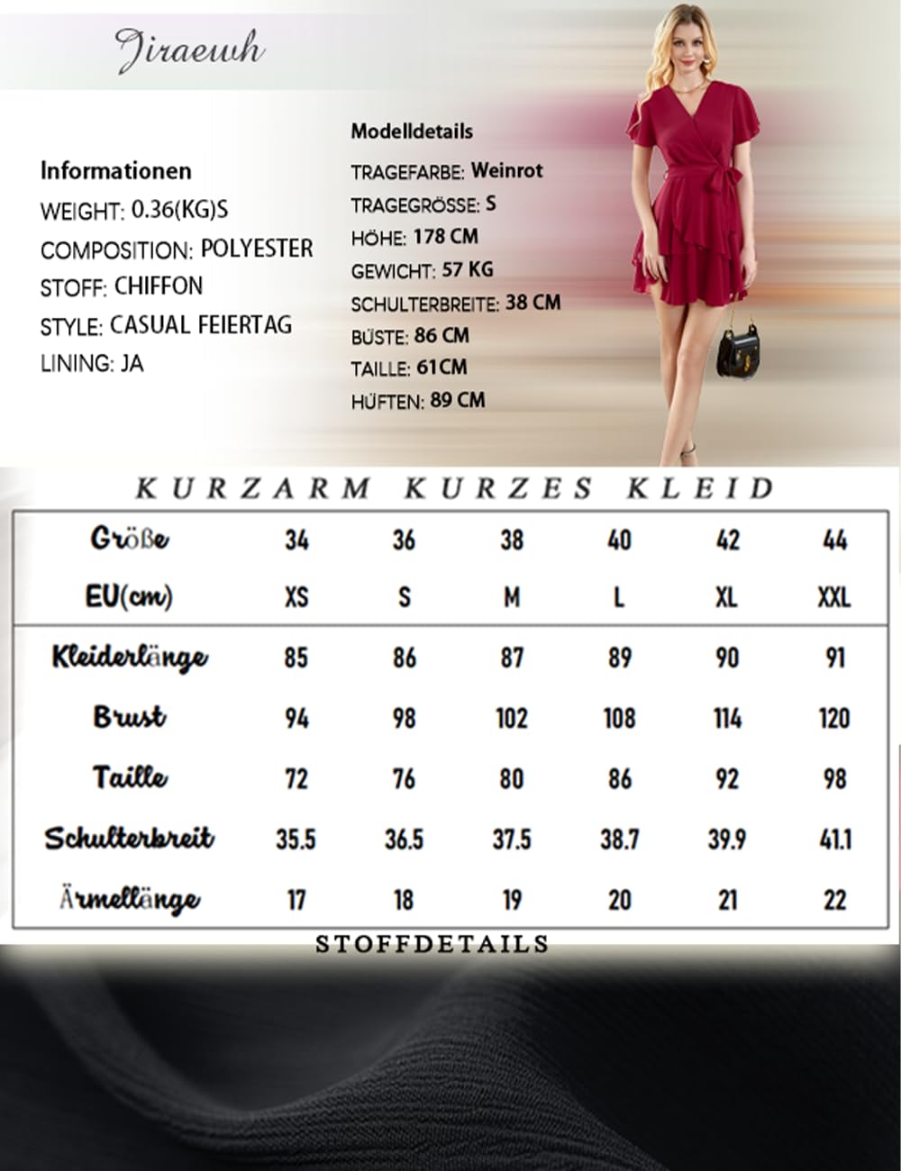 Jiraewh Damen Chiffon Kurz Kleid V-Ausschnitt Kurzarm Sommerkleid Tunika Kleider Einfarbig Elegant Rüschen Minikleid Casual Swing Skater Kleid Hohe Taille Partykleid Wickelkleid mit Gürtel