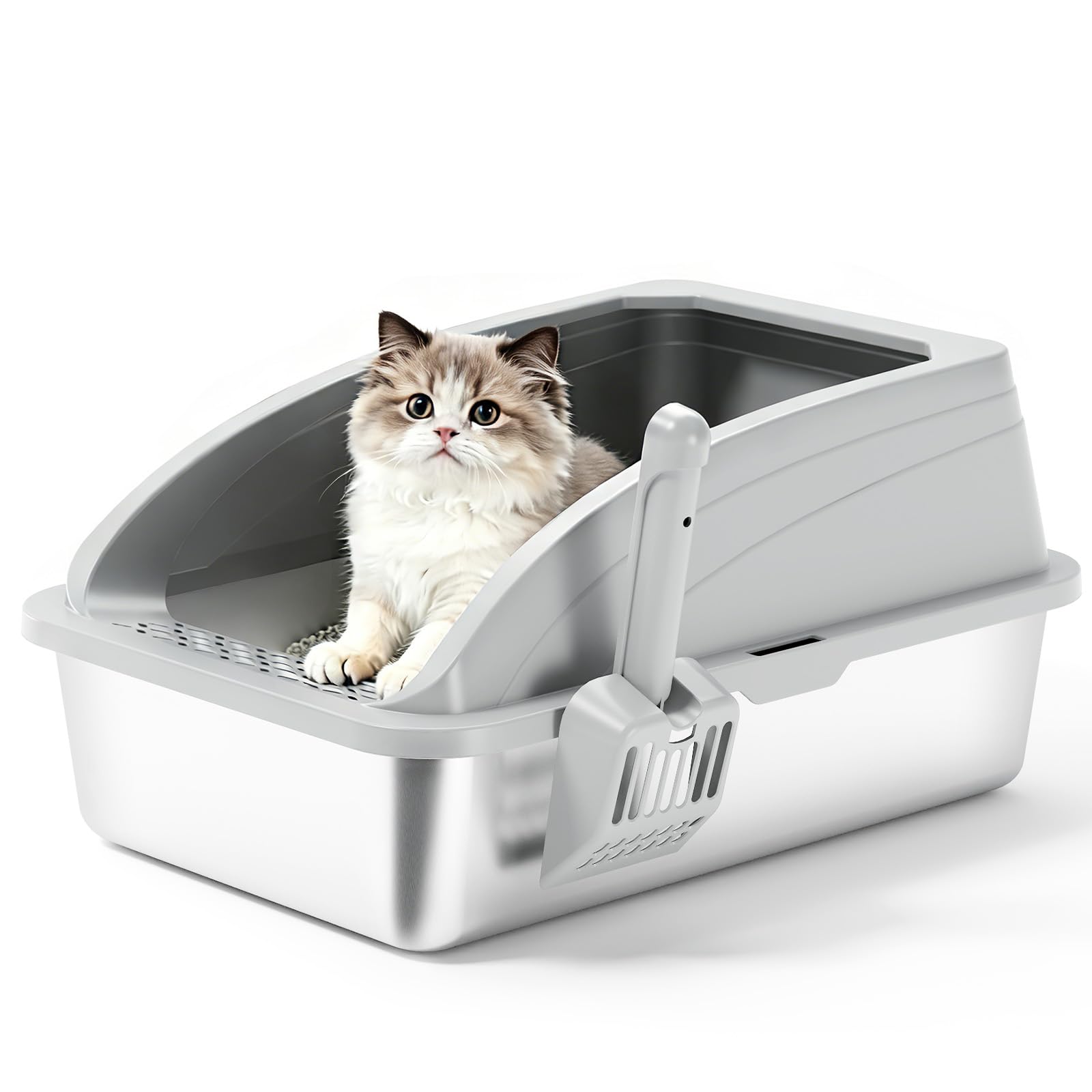 Stainless Steel Cat Litter Box with Lid, Metal Kitty Litter Box with Scoop, Non-Stick Base, Easy to Clean for Cat, Rabbit, Guinea Pigs and Hamsters - Light Gray