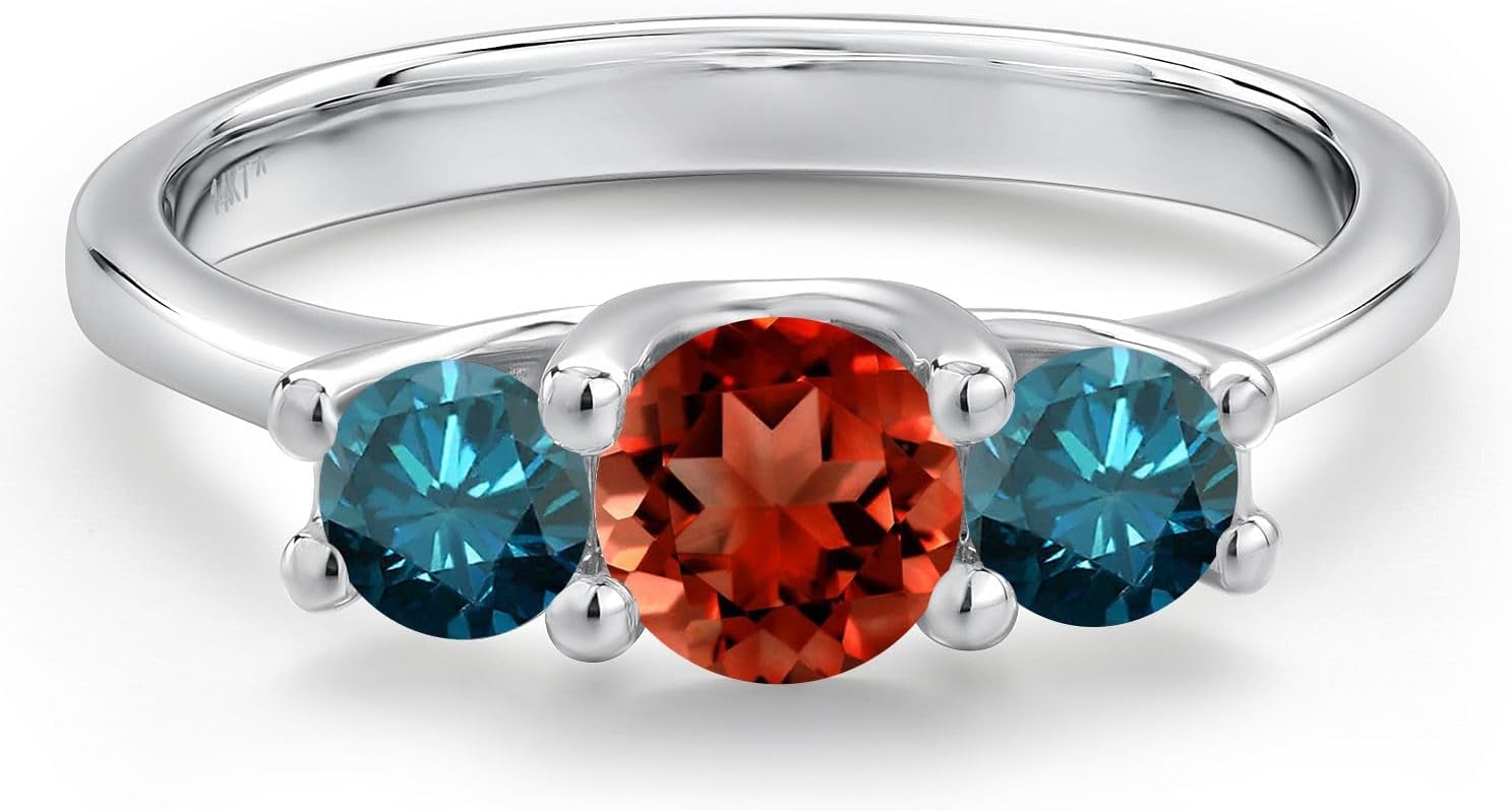 Gem Stone King 14K White Gold Red Garnet & Blue Diamond 3-Stone Engagement Ring | 1.09 Cttw | Round 5MM and 4MM | 3 Stone Wedding Anniversary Promise Ring For Women - Image 3