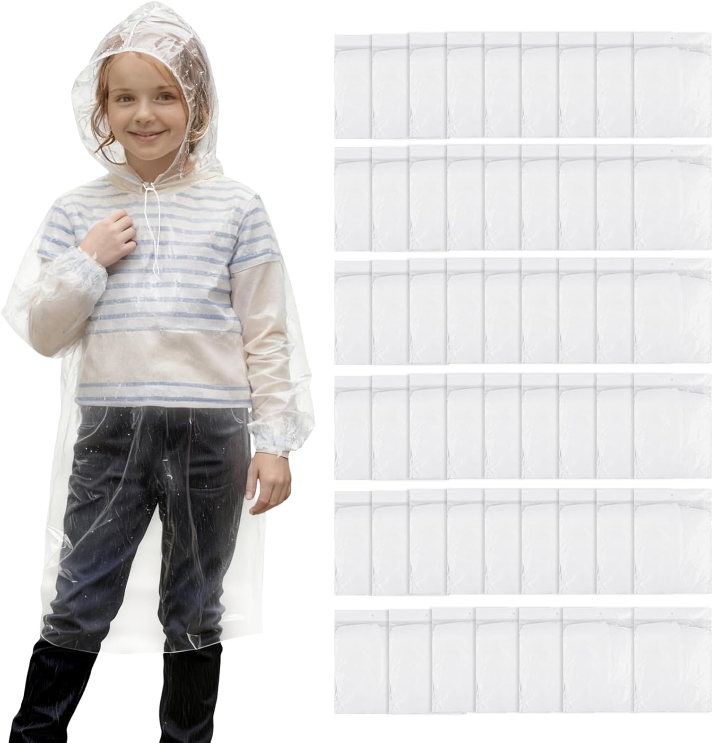 52 Pcs Kid Ponchos Bulk Disposable Emergency Raincoat with Drawstring Hood and Elastic Sleeves Rain Ponchos for Kids