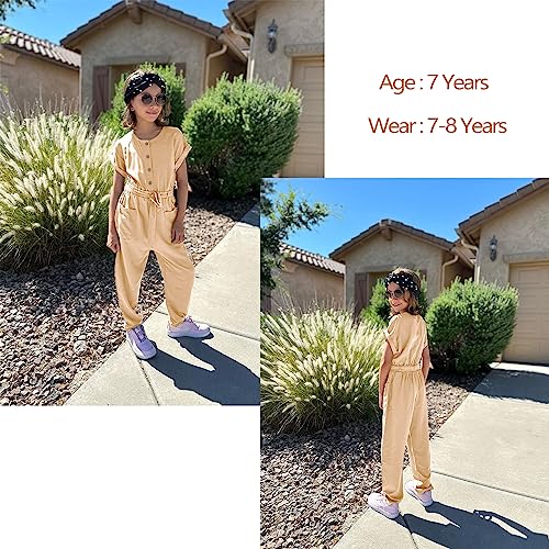Kukume Girls Romper Button Down High Waist With Belt Solid Long Pant Jumpsuit With Both Side Pockets 9-10 Years Khaki #TOP4